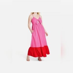 Like New! Tabitha Brown Ruffled Pink and Red Spaghetti Strap Maxi Sundress